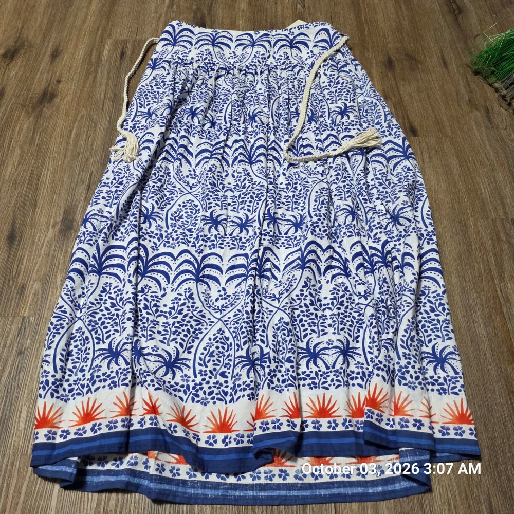 Rachel Zoe Blue White Tropical Palm Print Smocked Maxi Skirt NWT Size Large